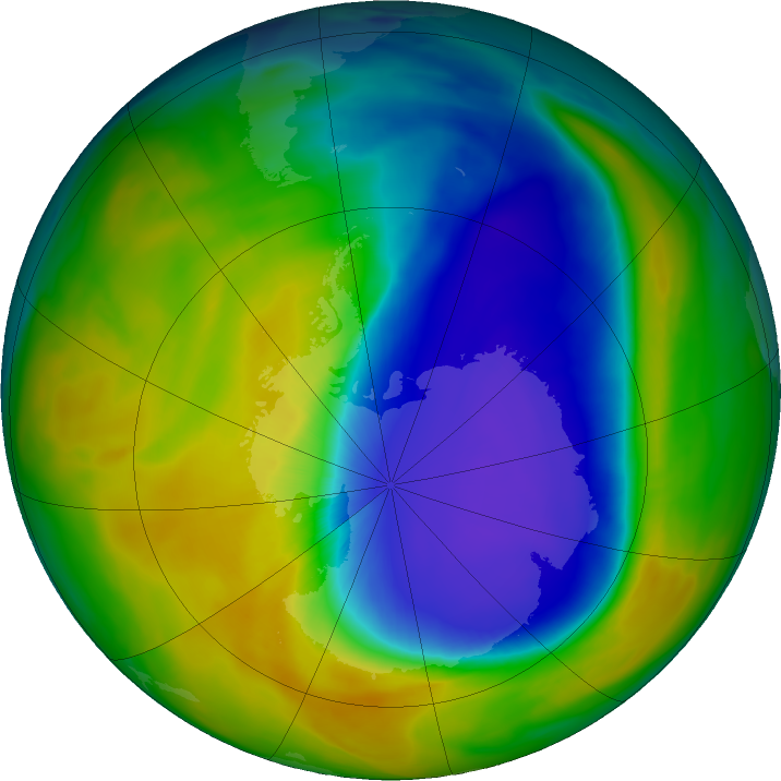 Antarctic ozone map for 20 October 2016